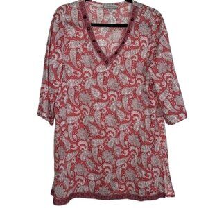 World Market Paisley Red & White V-Neck Tunic Top S/M 100% Cotton Womens Casual